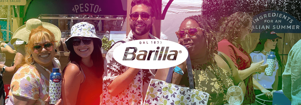 9Rooftops marketing agency client, Barilla, logo overlaying three smiling people.